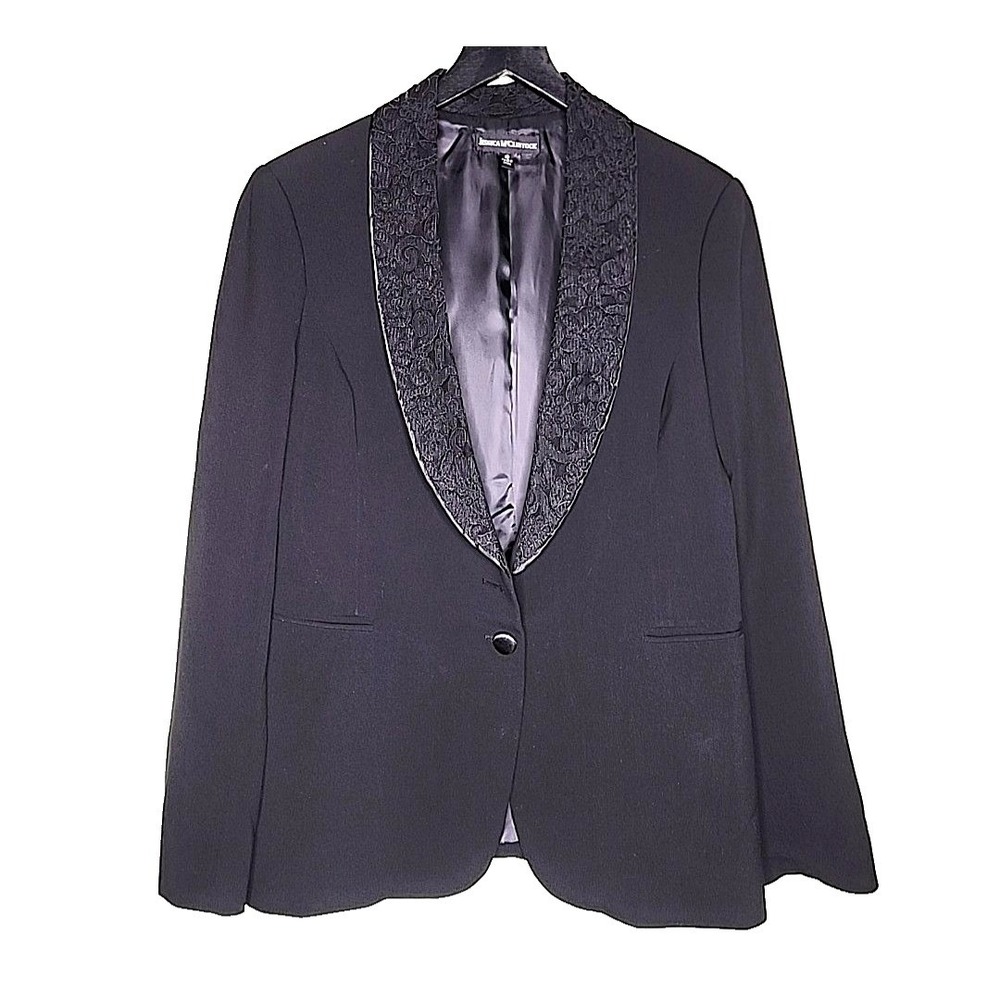 Jessica McClintock Blazer Black Button Lace Collar Evening Formal Party 10